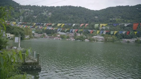 Prayer flage in naintal lake Stock Footage 202012242