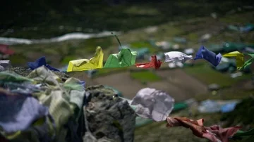Prayer Flags Above Periche Village, Everest Base Camp Trek From Dingboche to  Stock Footage 85627203