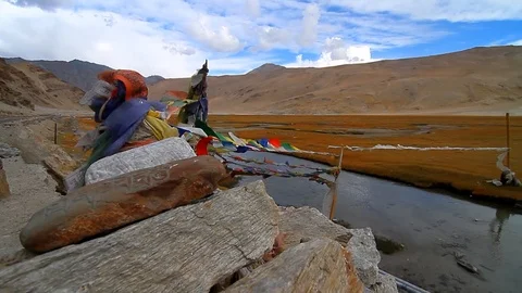 Prayer Flags and Blessed Stones ladakh Video stock 102779076