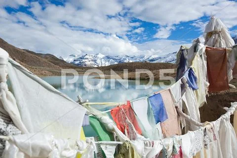 Prayer Flags And Dhankar Lake, Spiti Valley, Himachal Pradesh, India