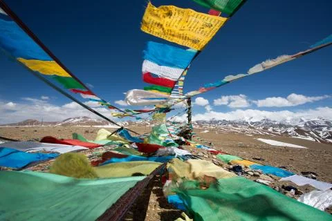 Prayer Flags and the range of Himalaya Mountains in in the background Stock Photos