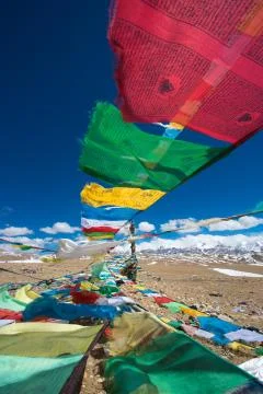 Prayer Flags and the range of Himalaya Mountains in in the background Stock Photos