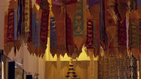 Prayer Flags and Tapestry Hanging in Traditional Thai Temple Stock-Footage 333705363