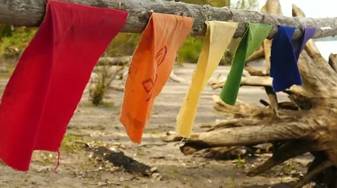Prayer flags on beach slow motion Video stock 49314809
