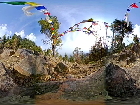 Prayer Flags Blowing in the Wind - 360 VR Stock Footage 74802087