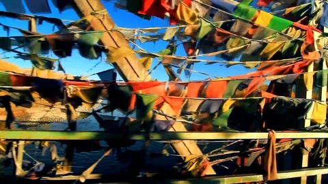 Prayer flags on the bridge ladakh texture Video stock 102782391