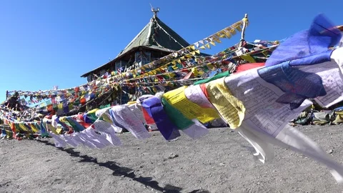 Prayer flags floating in the wind, Leh Ladakh, North India Stock Footage 96090012