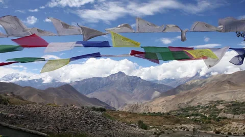 Prayer Flags fluttering high up in the mountains. 스톡 동영상 31811031