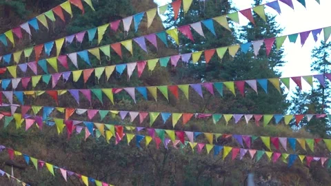 Prayer flags in front of the pine trees on the mountains at Gurudwara Sahib  Stock Footage 229760924