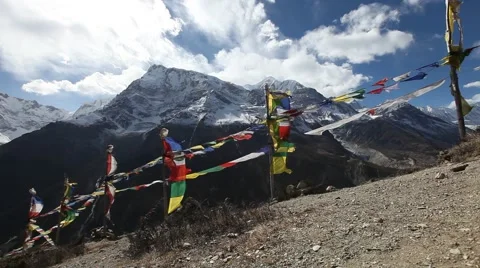 Prayer flags in Himalaya mountains, Annapurna circuit trek Stock Footage 59757155