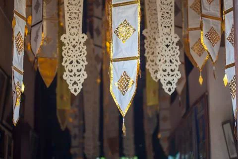 Prayer flags inside a buddhist temple, Chiang Mai, Thailand Stock Photos