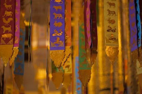 Prayer flags inside Wat Chedi Luang, Chiang Mai, Thailand Stock Photos