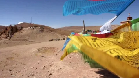 Prayer flags Lungta (flying horses) in Tibet. Stock Footage 43741972