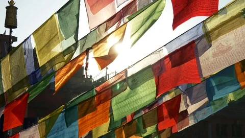 Prayer flags in morning sun lights. Kathmandu, Nepal. Slow motion, 4K Stock Footage 82895841