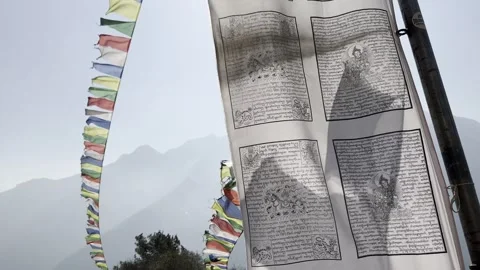 Prayer Flags with Mountain Backdrop in Nepa Stock Footage 285755339