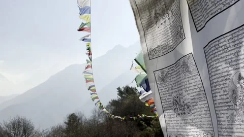 Prayer Flags with Mountain Backdrop in Nepal Stock Footage 285755338