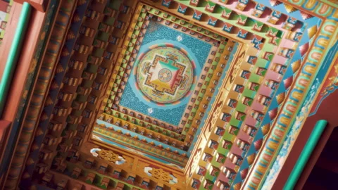 Prayer flags at mountain monastery. Upper Pisang, Nepal. Pisang village is a par Stock Footage 294613317