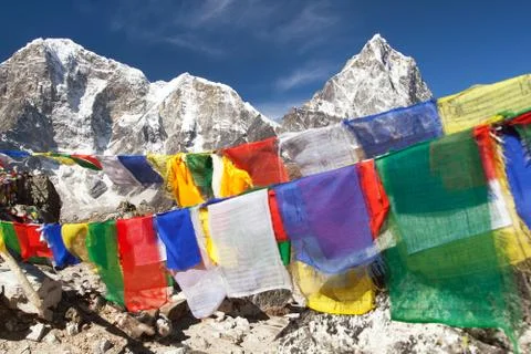 Prayer flags - Nepal Himalayas mountains buddhism Stock Photos