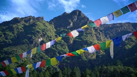 Prayer Flags Over Green Mountain at Lukla Nepal 4K Stock Footage 94725215