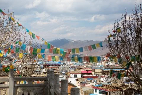 Prayer flags over Shangri-la, China Stock Photos