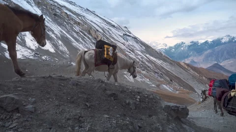Prayer flags sway in wind in front of Annapurna II snow face nearby Ghyaru villa Stock Footage 294614148