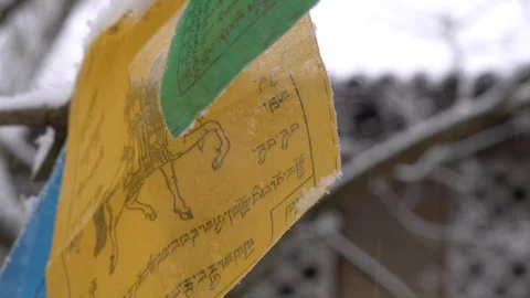 Prayer flags swaying under the snow . Shallow depth of field. Stock Footage 104656835