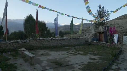 Prayer flags swaying in wind, Mustang, Nepal Video stock 139741127