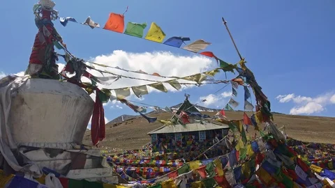 Prayer flags at Taglang La high mountain pass. Manali-Leh highway, Ladakh, India Video stock 89019417