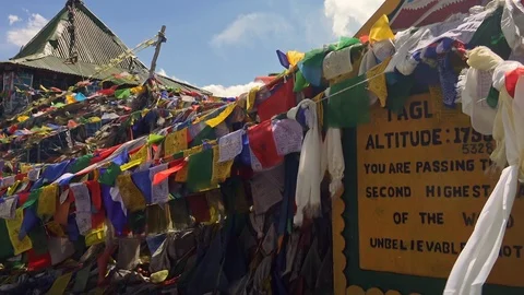 Prayer flags at Taglang La high mountain pass. Manali-Leh highway, Ladakh, India Video stock 89019730