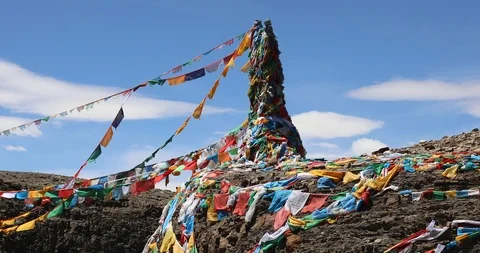 Prayer flags in the Tibet Autonomous Region near Mount Everest Stock Footage 112291082
