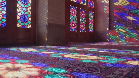 Prayer hall of the Nasir al-Mulk Mosque (Pink Mosque), Shiraz Stock Footage 100658209