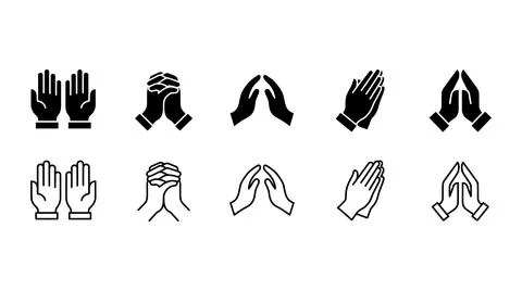 Prayer Hands Icon Collection with Outline and Filled Worship Gesture Designs Stock Illustration