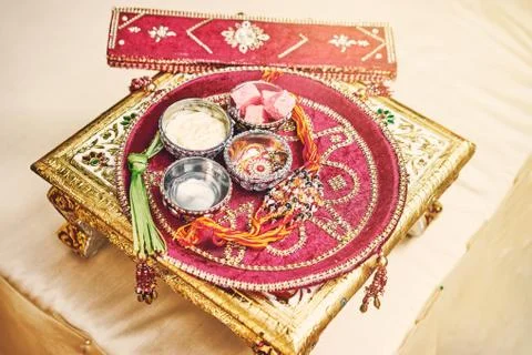 Prayer items for thread ceremony (puja, pooja) of Indian wedding Foto stock