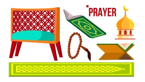 Prayer Muslim Items Vector. Koran, Rosary, Mosque. Isolated Flat Cartoon 스톡 일러스트
