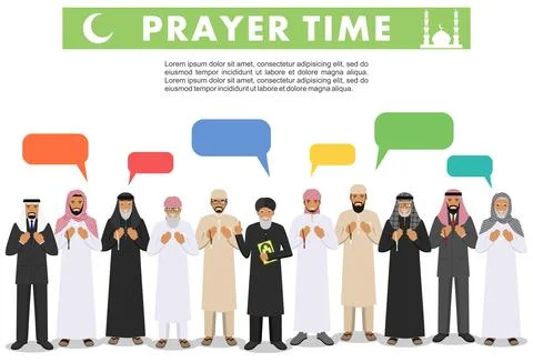 Prayer time. Different standing praying muslim arabic people, mullah Stock Illustration