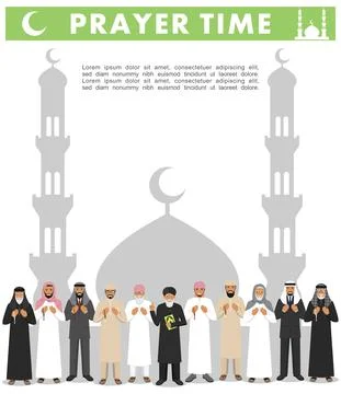Prayer time. Different standing praying muslim arabic people and mullah Stock Illustration