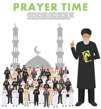 Prayer time. Different standing praying muslim arabic people and mullah Stock Illustration