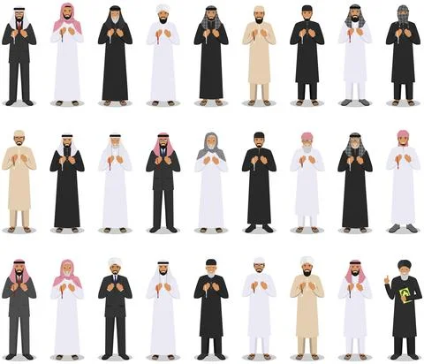 Prayer time. Different standing praying muslim arabic people and mullah Illustrazione stock