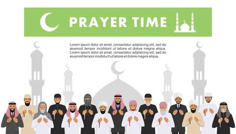 Prayer time. Different standing praying muslim arabic people and mullah Stock Illustration