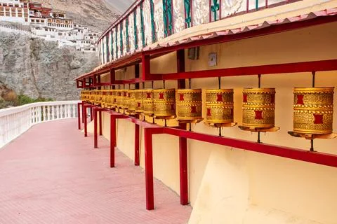 Prayer wheels at Maitry Buddha monastery Stock Photos