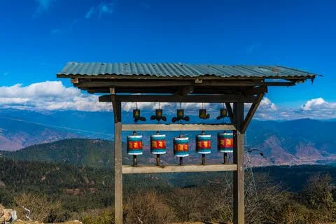 Prayer wheels with a view Stock Photos