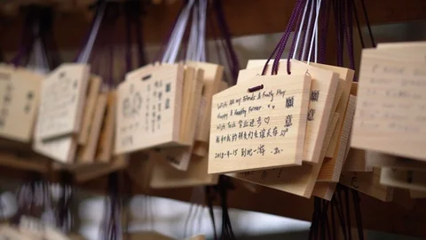 Prayers And Wishes Written Wooden Boards In Japanese Shinto Shrine Temple Stock Footage 104334341