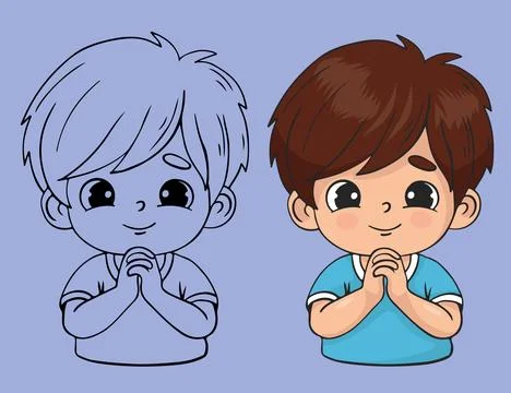 Praying boy with folded hands in prayer. Isolated colored and linear hand d.. Stock Illustration