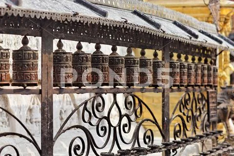 Praying drums in monkey temple, kathmandu, nepal Stock Photos