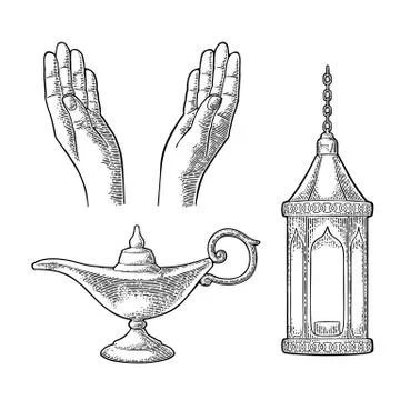 Praying Hands, arabic lamp with chain and Aladdin lamp Stockillustratie
