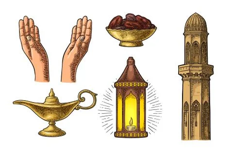 Praying Hands, arabic lamp,dates fruit, minaret and Aladdin lamp Stock Illustration