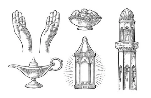 Praying Hands, arabic lamp,dates fruit, minaret and Aladdin lamp Stock Illustration