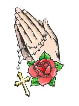 Praying Hands with Chain and Big Cross Tattoo Stock Illustration