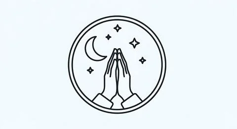 Praying hands in circle with moon and stars spiritual gesture Islamic symbo.. Illustrazione stock