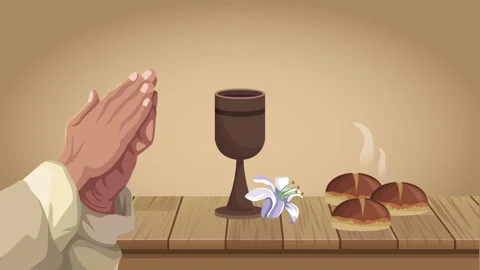 Praying hands before communion elements with bread and wine on wooden table. 库存影片 334090843